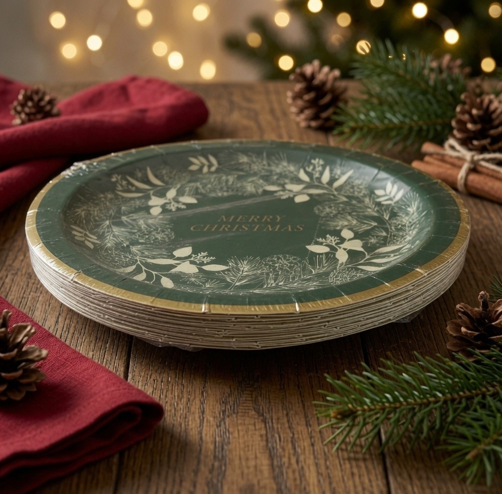 Bee Willow Merry Christmas Wreath Paper Salad Plates Set of 20 NIP Gold Green